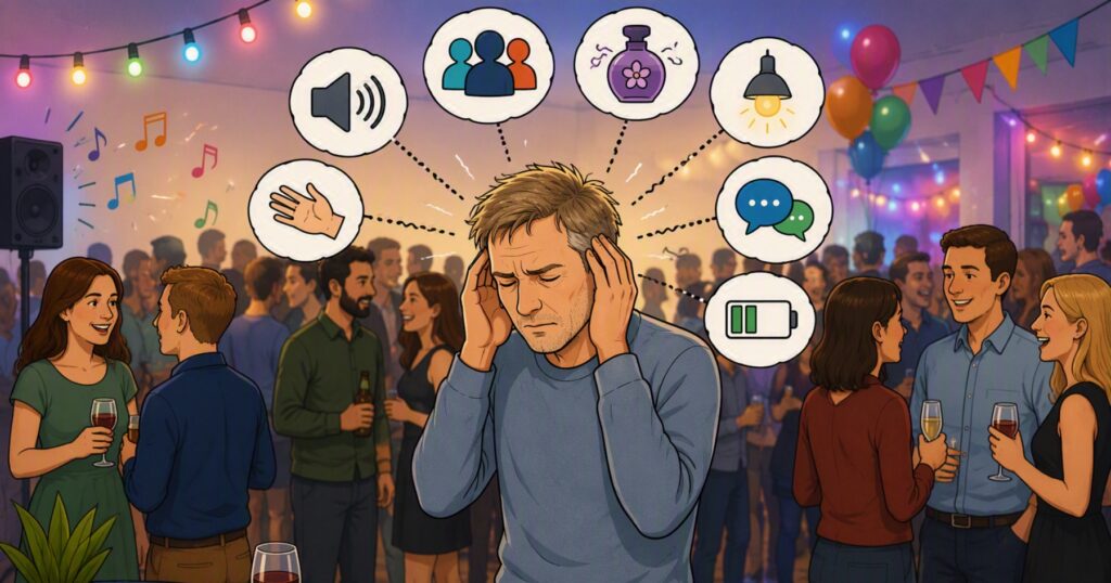 Autisme, Sociale stimuli, Illustration af autist ved fest med mange mennesker, sanseindtryk og sociale stimuli, der illustrerer overstimulering i sociale sammenhænge.Autismeterapeuten, Ole Anders Rauff, Blog, overstimulering